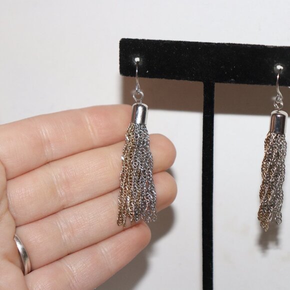 Beautiful silver and gold chain tassel dangling hook earrings 2" - Picture 2 of 4